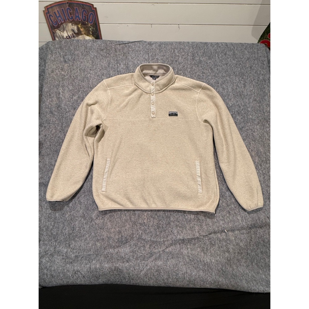 Eddie Bauer Mens XL Tan Snap Neck Fleece Pullover Sweater Oatmeal 1/4 Button